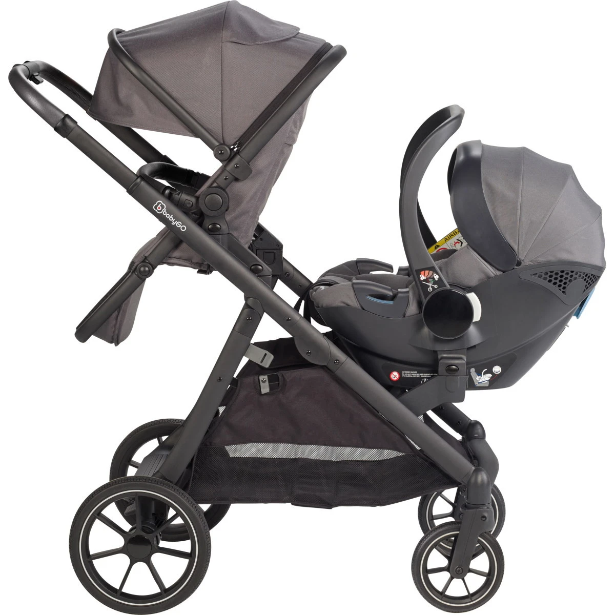 Babygo Duo Mega Grey Tandem Kinderwagen Incl. 2 Autostoelen 78001 - Afbeelding 3